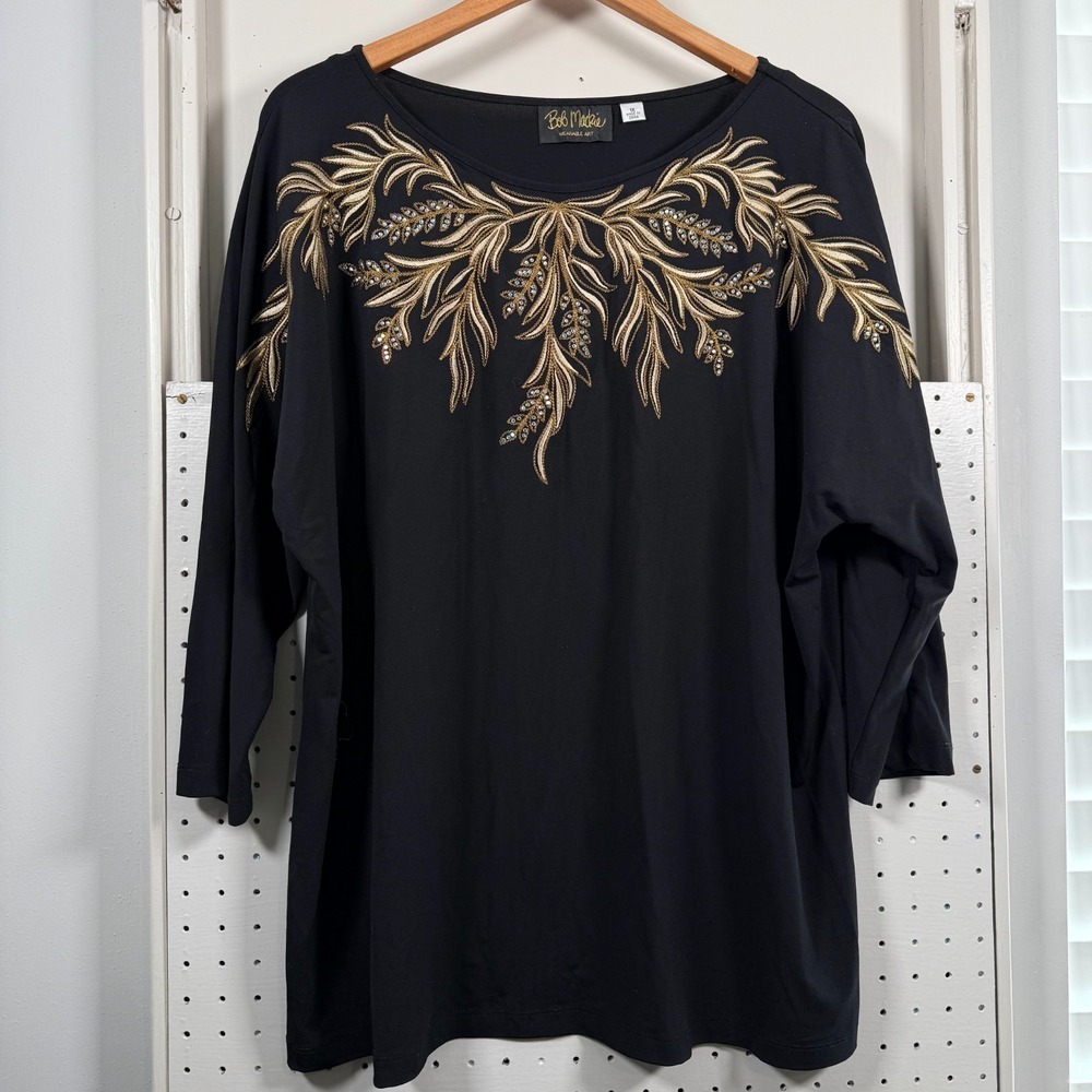 Bob Mackie Wearable Art Jersey‎ Blouse Women's Black Embroidered Sequin Top - 1X